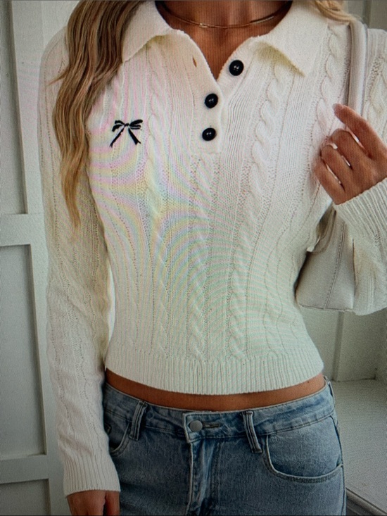 Sweaters - Women's Cream Cable Knit Polo Sweater